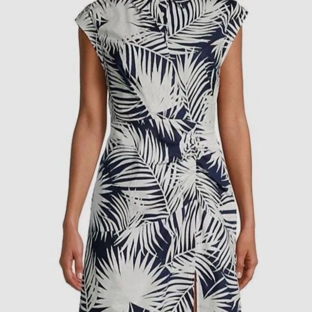 $375 Milly Women's Blue Maxwell Palm Leaf-Print Cap-Sleeve Dress Size 8